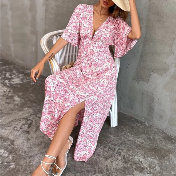 Boho floral butterfly sleeve split thigh dress - Picture 6 of 7